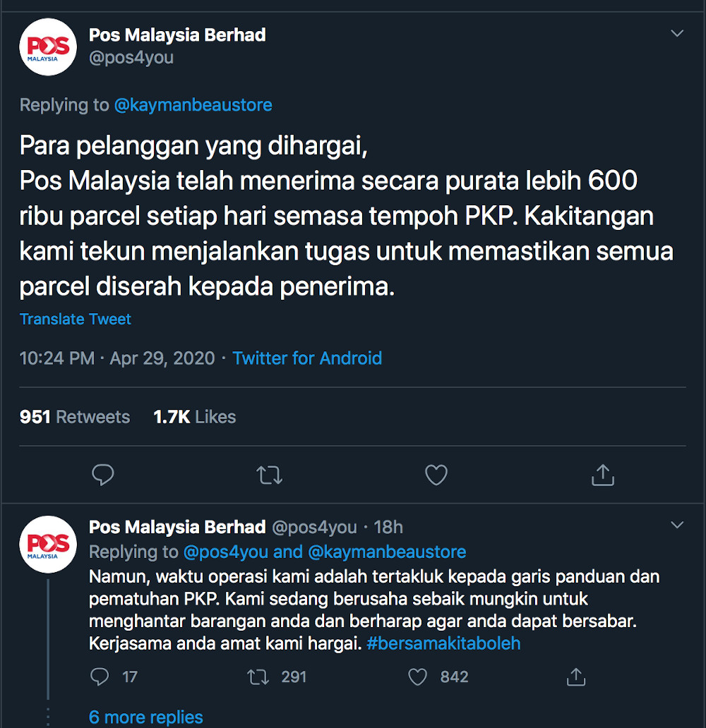 Pos Malaysia asked their customers to be patient as they clear the massive backlog of parcels that have accumulated due to the MCO. — Screengrab from Twitter/pos4you