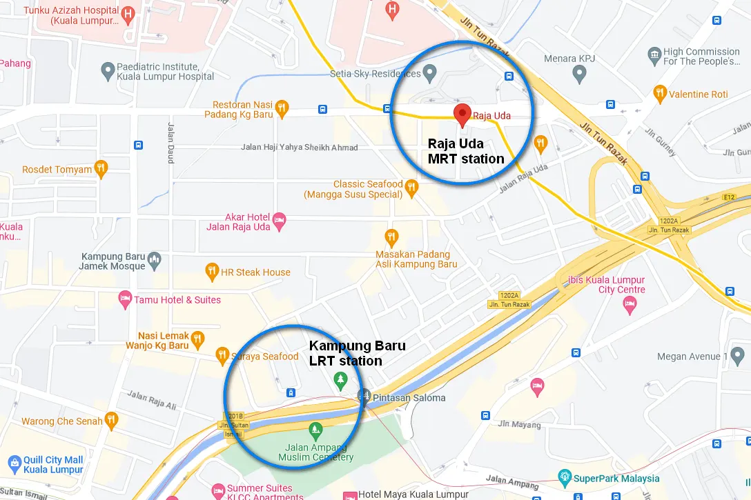 Map showing the location of Raja Uda MRT station and Kampung Baru LRT station