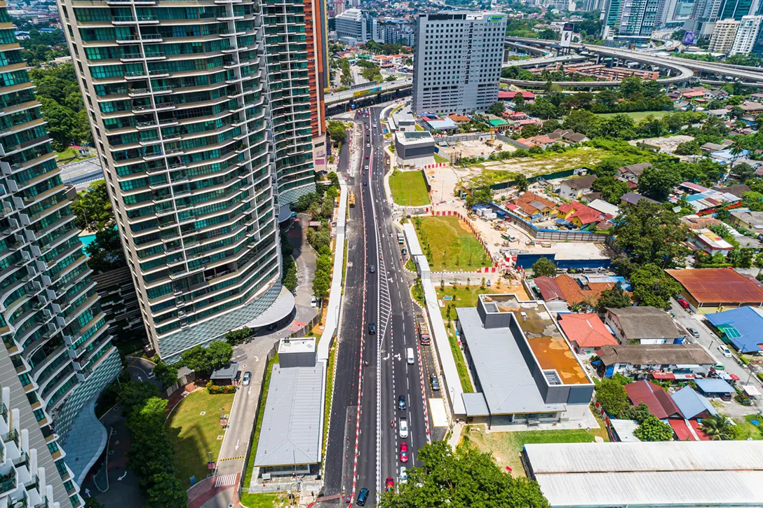 Aerial view of the ongoing road reinstatement works, substantially completed along Jalan Raja Muda Abdul Aziz at the Raja Uda MRT Station.