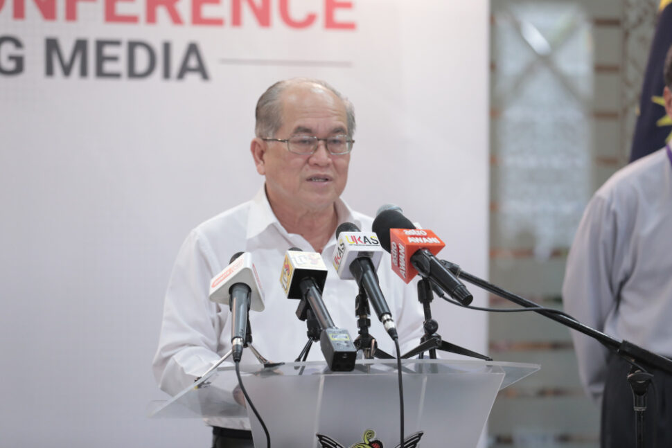 Sarawak Disaster Management Committee chairman Datuk Amar Douglas Uggah speaks to reporters on the Covid-19 situation in the state on May 15, 2020. — Picture courtesy of Sarawak Public Communications Unit (Ukas)