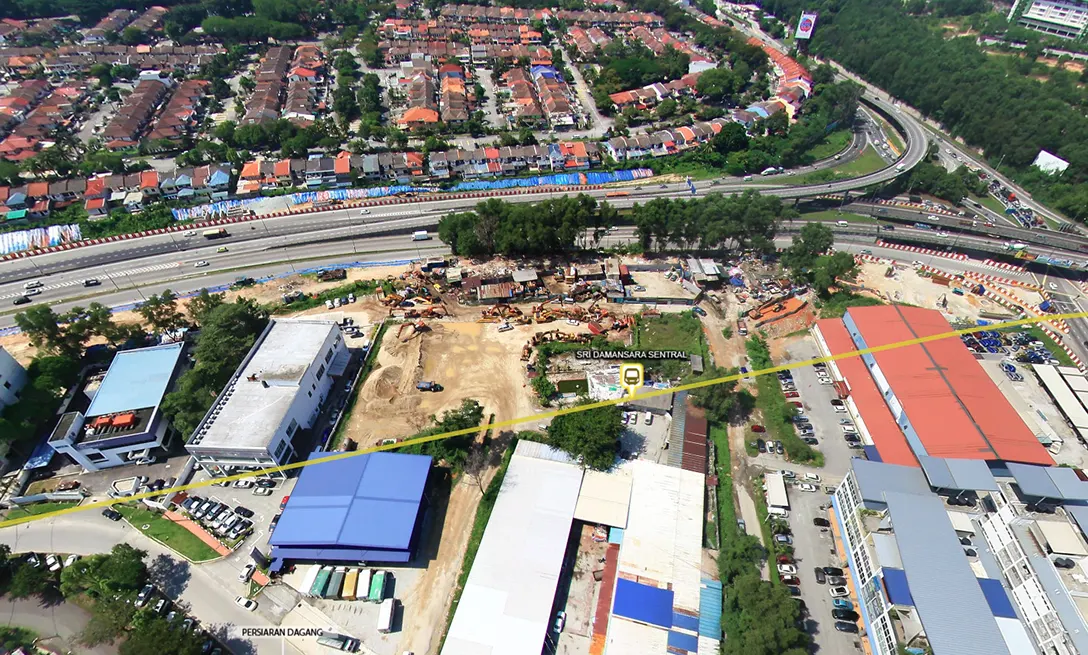 Aerial view of the construction site for the Sri Damansara Sentral MRT station